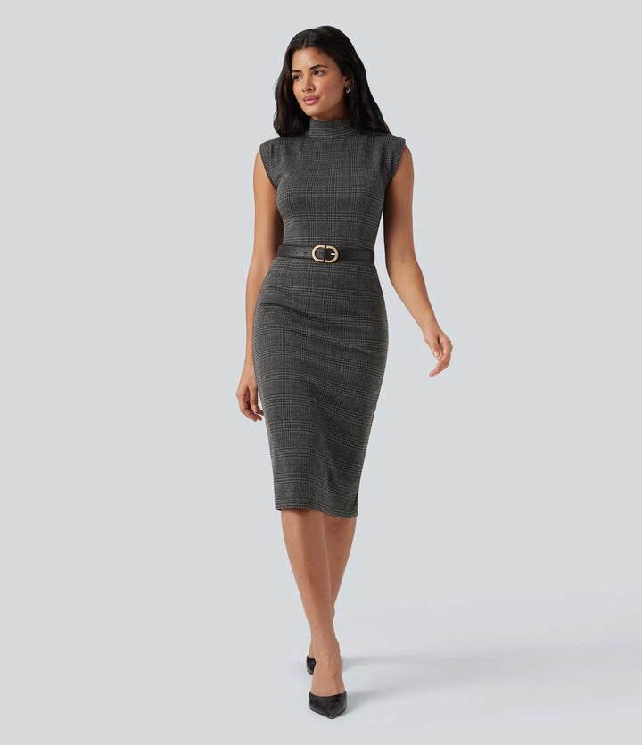 High Neck Sleeveless Bodycon Houndstooth Plaid Midi Work Dress