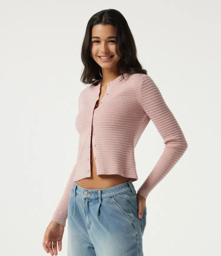 Round Neck Long Sleeve Waffle Workout Cardigan
