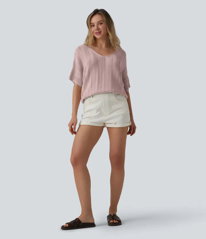 V Neck Short Sleeve Casual Jumper
