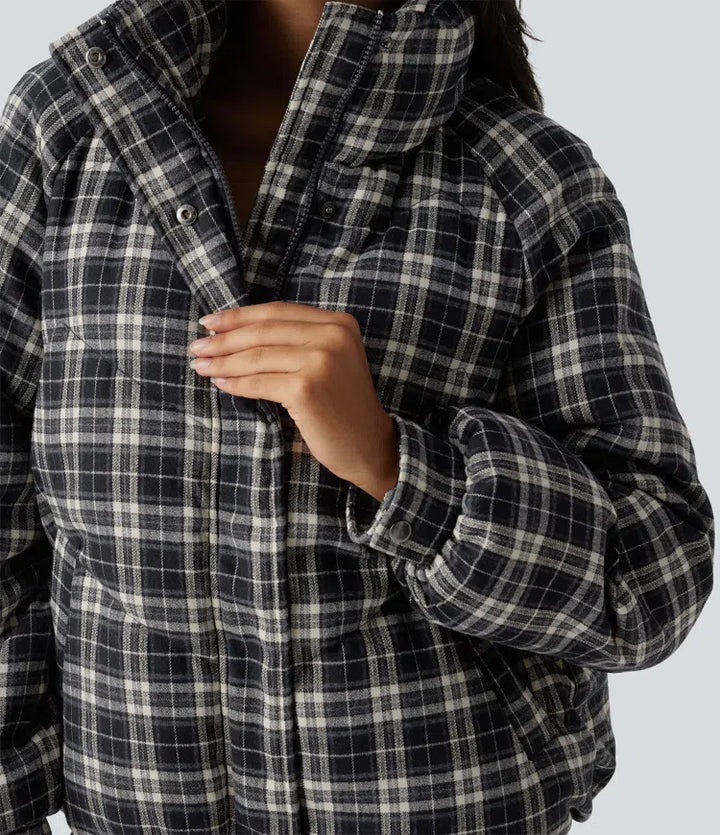 Stand Collar Long Sleeve Plaid Casual Padded Jacket with Pockets