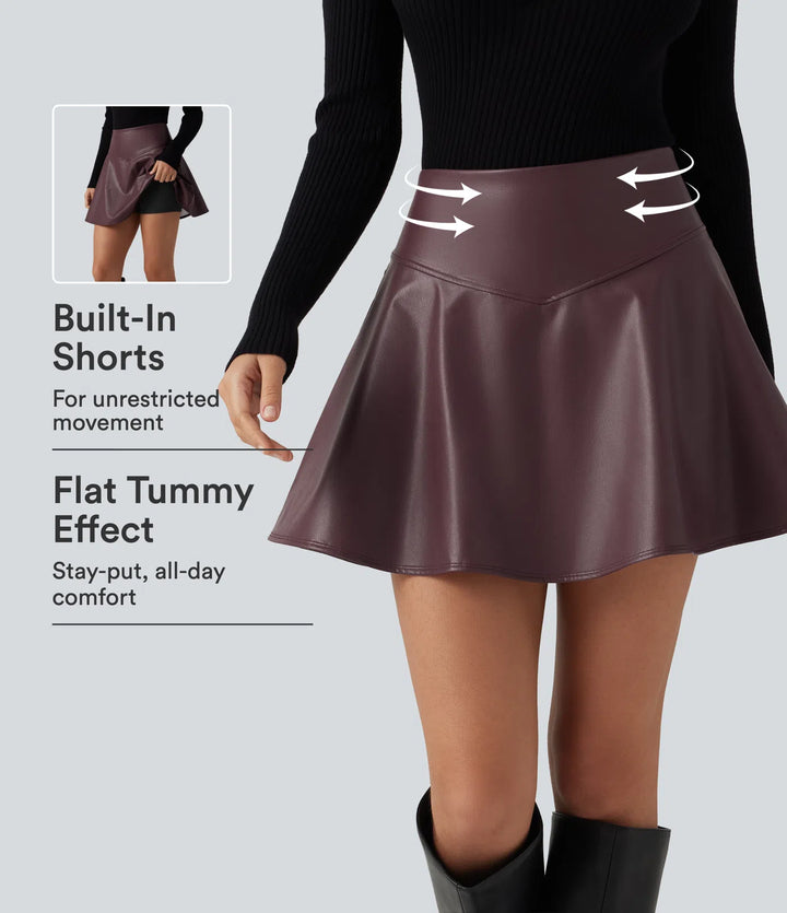 High Waisted Tummy Control Fleece Casual PU Leather Mini Skirt with Built-in Shorts and Pockets