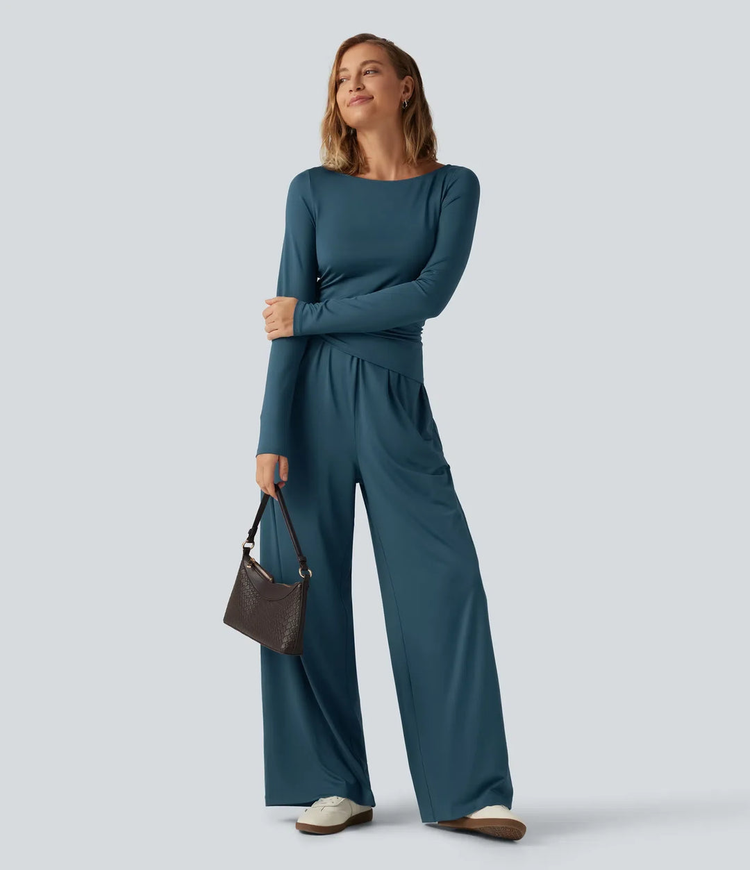 Boat Neck Long Sleeve Wide Leg Ruched Casual Jumpsuit with Pockets-Easy Peezy Edition