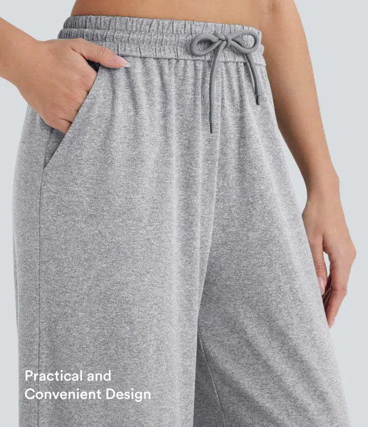 High Waisted Drawstring Pocket Wide Leg Casual Trousers