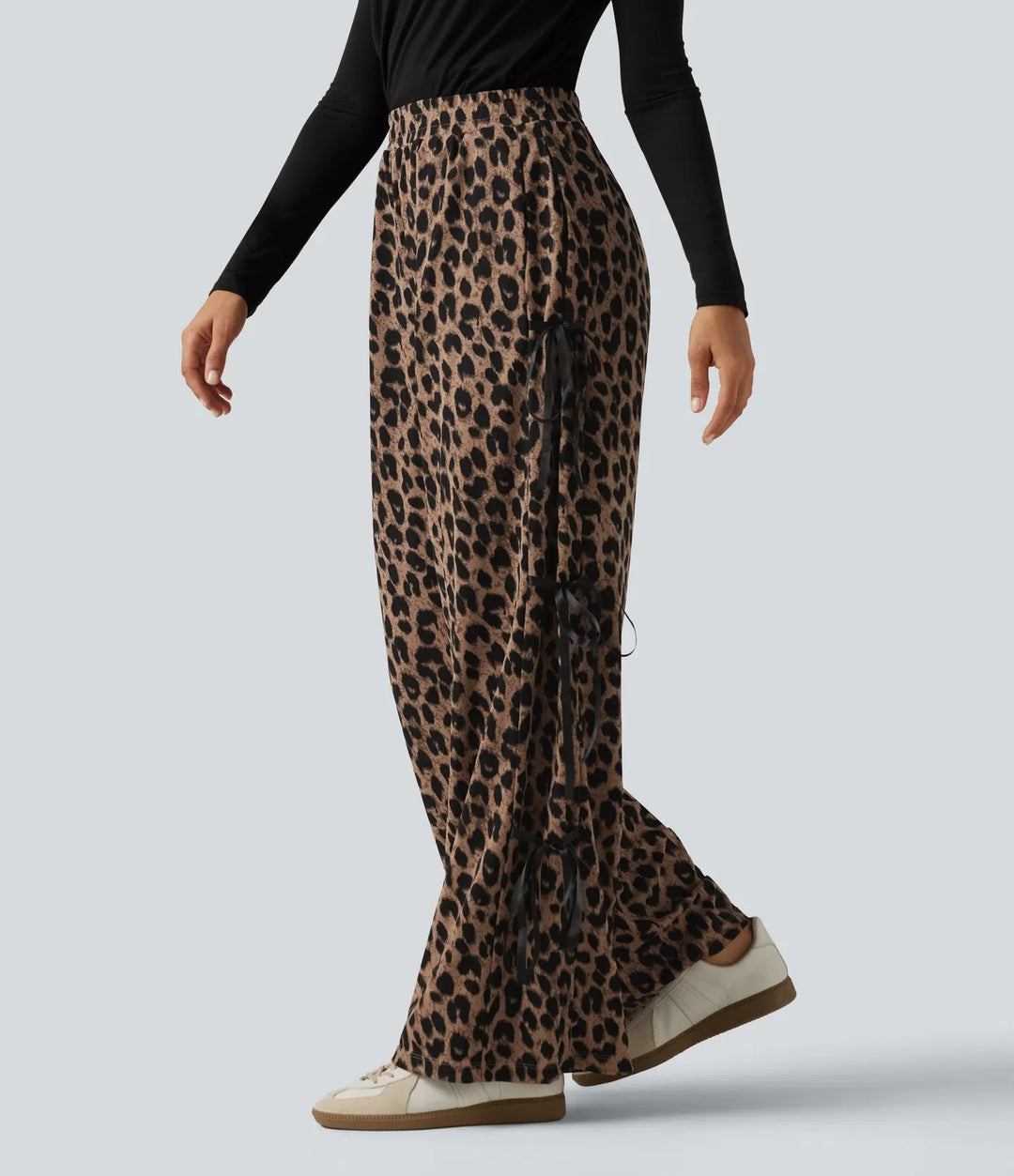 High Waisted Leopard Print Waffle Wide Leg Casual Trousers with Pockets