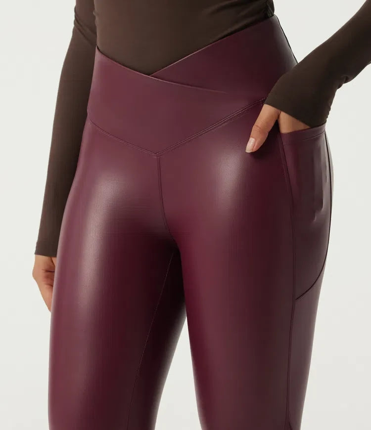 High Waisted Stretchy PU Crossover Contrast Mesh Casual Leggings with Pockets