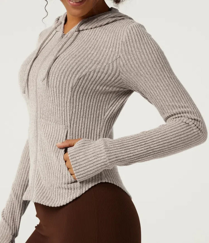 Ribbed Knit Hooded Long Sleeve Yoga Jacket with Pockets