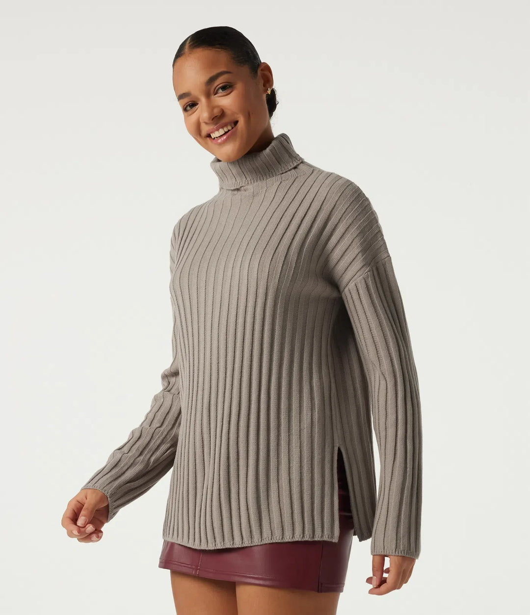 Ribbed Knit High Neck Dropped Long Sleeve Work Jumper