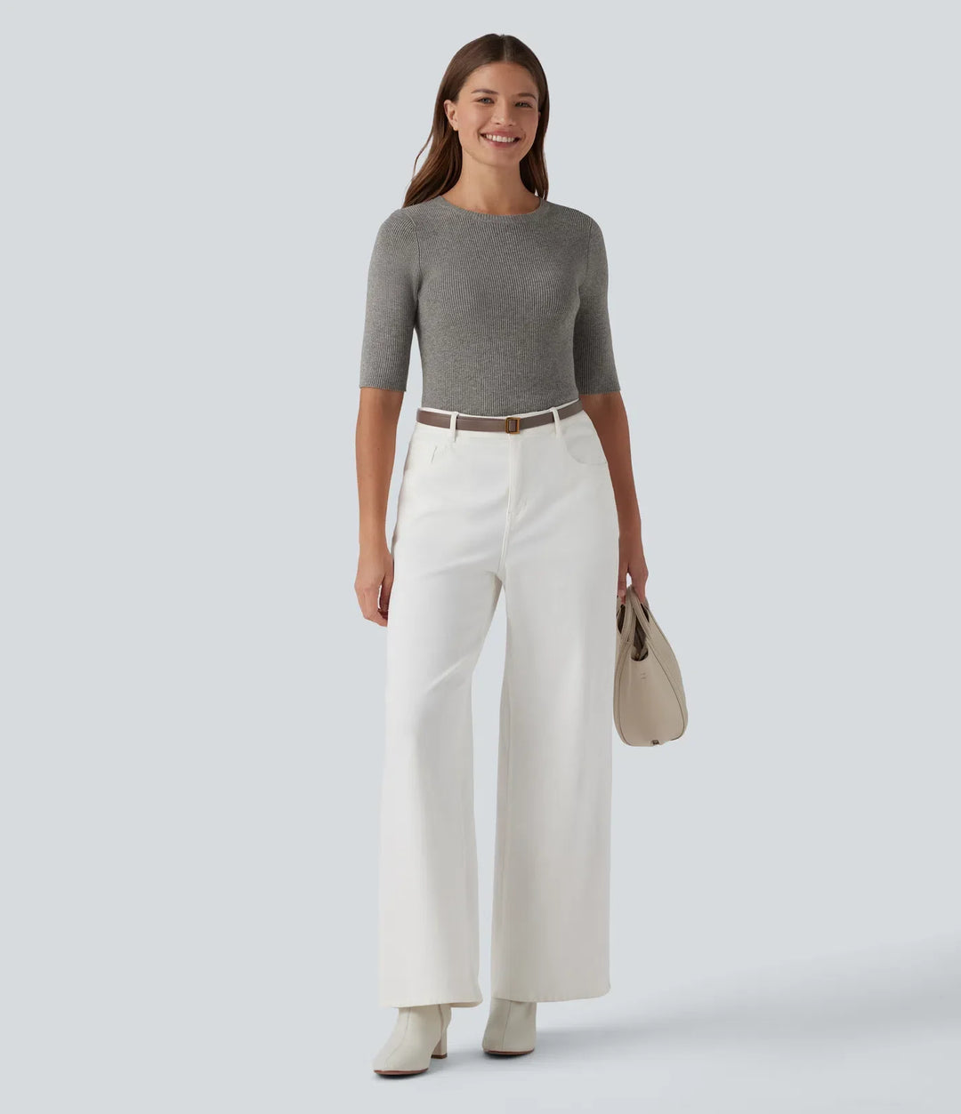 Ribbed Knit Round Neck Half Sleeve Work Jumper