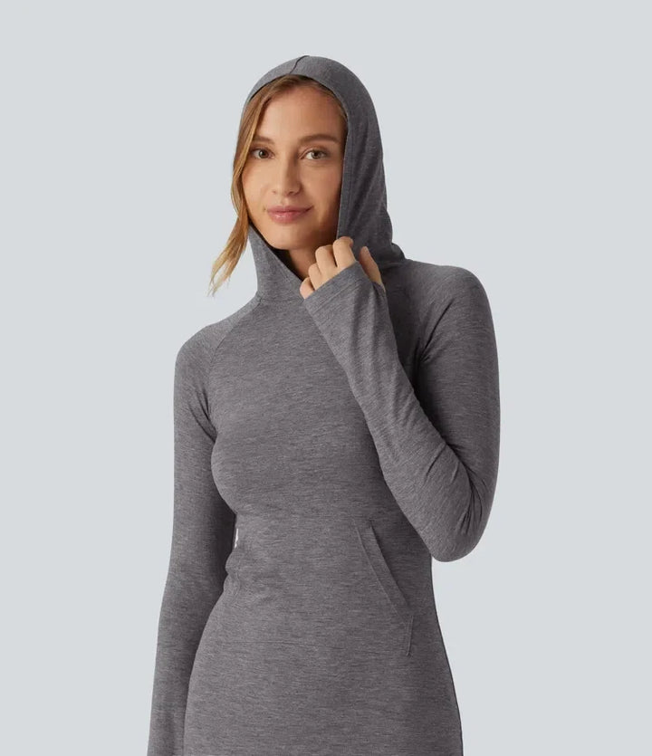 Hooded Long Sleeve Thumb Hole A-Line Maxi Casual Dress with Pocket