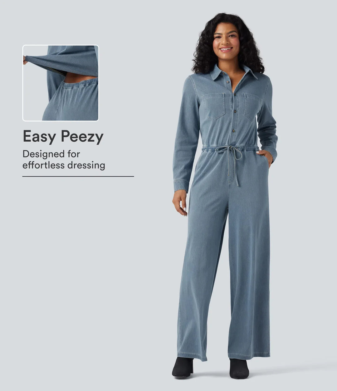 Halara Flex Long Sleeve Drawstring Wide Leg Washed Denim Casual Jumpsuit with Pockets-Easy Peezy Edition