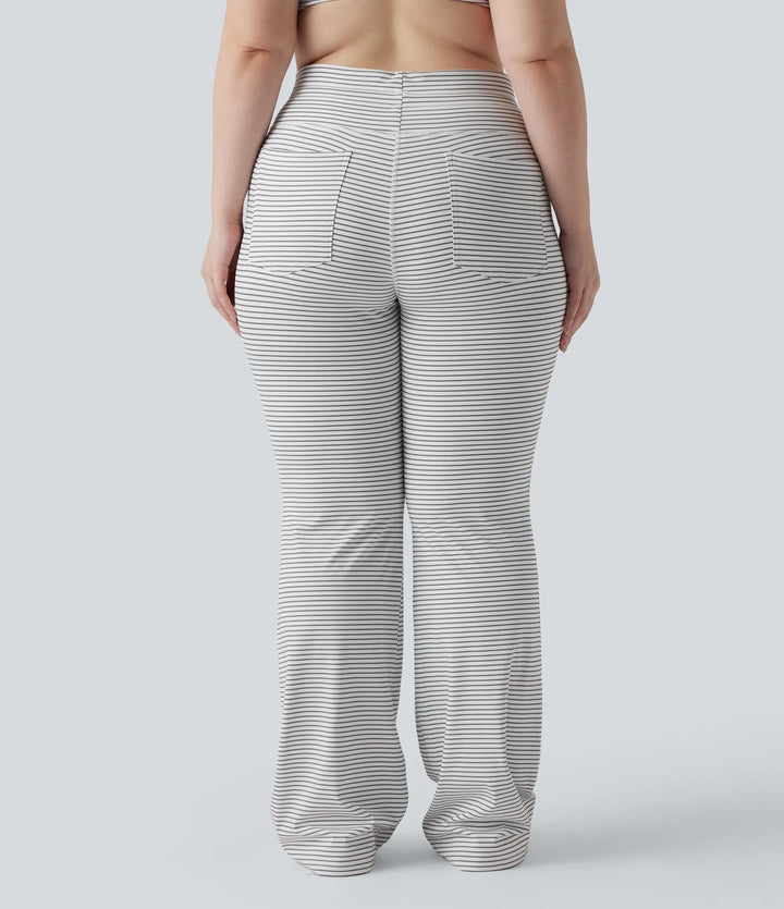 High Waisted Drawstring Stripe Flare Yoga Plus Size Trousers with Pockets