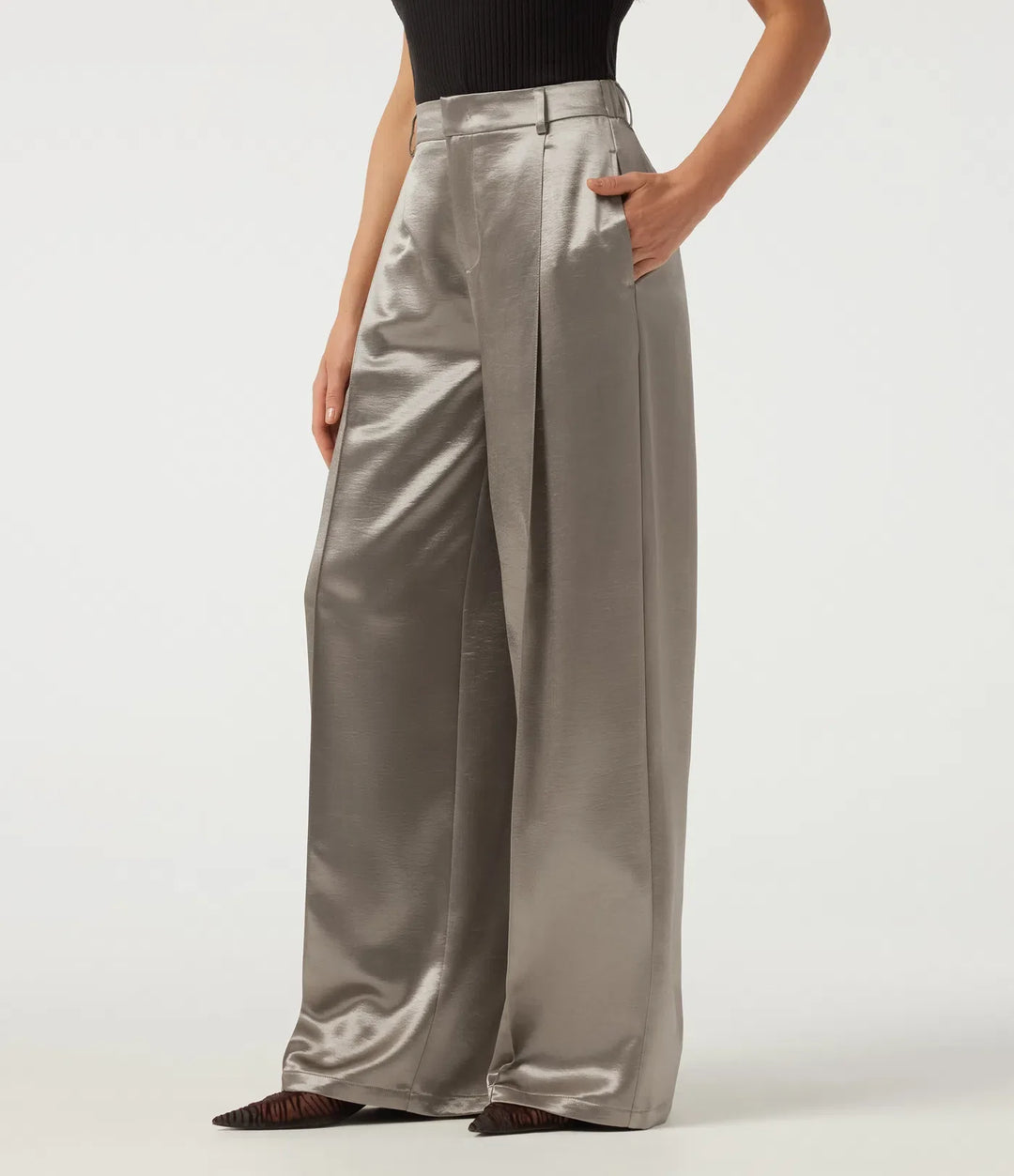 High Waisted Straight Leg Satin Work Trousers with Pockets
