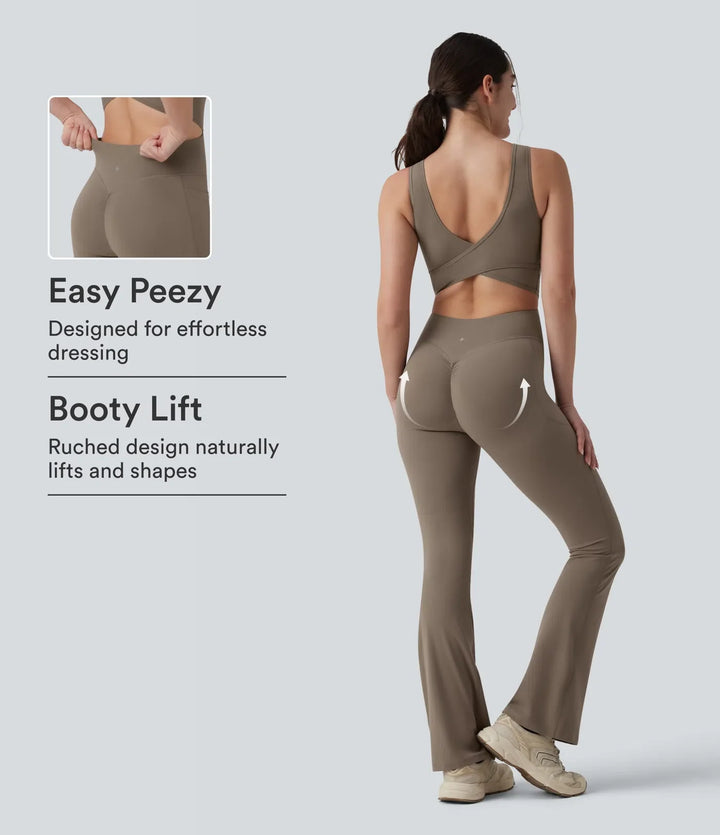 Halara UltraSculpt Crisscross Backless Tummy Control Butt Lifting Scrunch Non-Removable Pad Workout Flare Jumpsuit with Pockets-Easy Peezy
