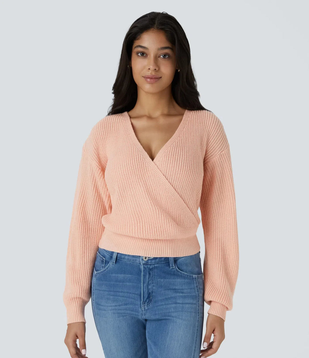 V Neck Dropped Shoulder Long Sleeve Wrapped Relaxed Casual Jumper