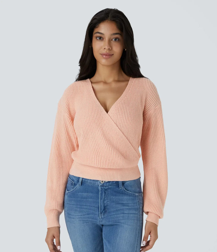 V Neck Dropped Shoulder Long Sleeve Wrapped Relaxed Casual Jumper