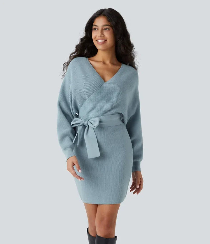 Crossover V Neck  Batwing Long Sleeve Belted Mini Casual Jumper Dress