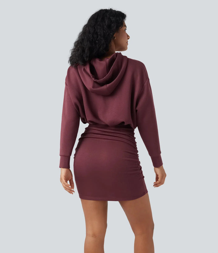 SpacerTek Long Sleeve Ruched Bodycon Mini Casual Hoodie Dress