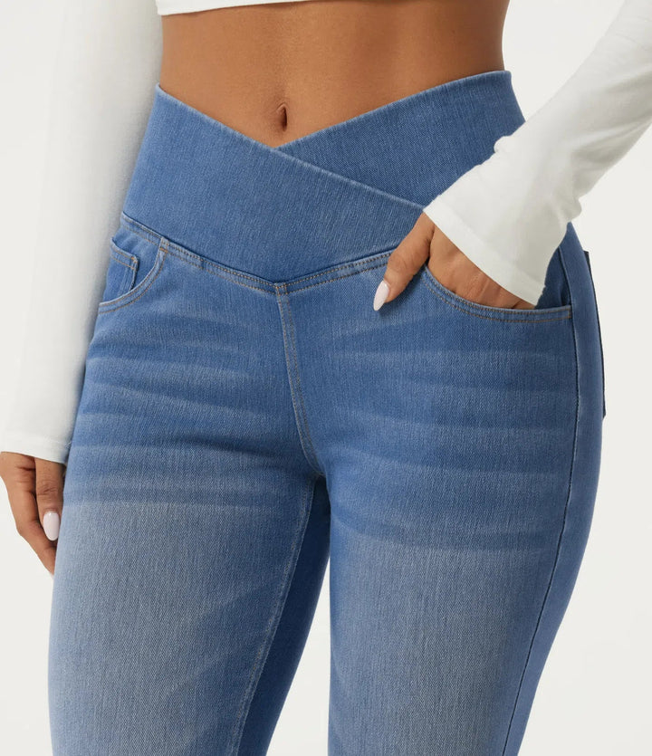 Halara Flex High Waisted Tummy Control Crossover Skinny Casual Jeans with Pockets