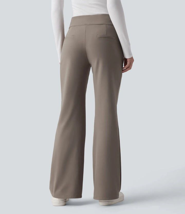 Mid Rise Fleece Work Flared Trousers with Zip Pockets