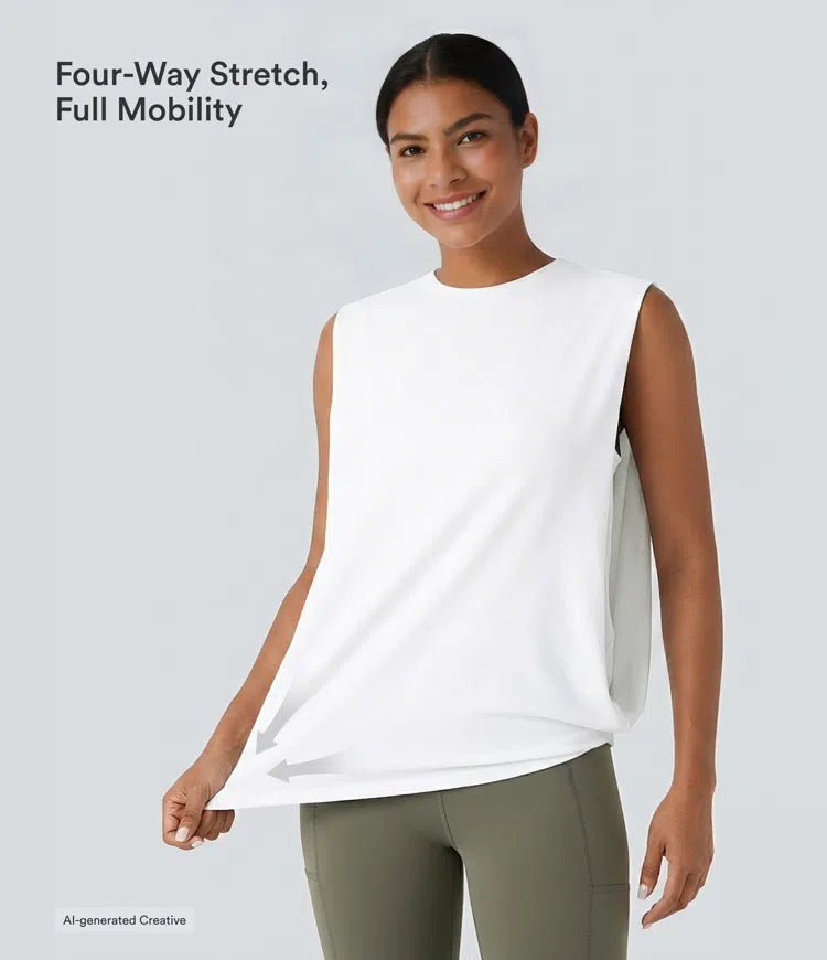 Round Neck Ruched InstantCool Yoga Tank Top-UPF50+