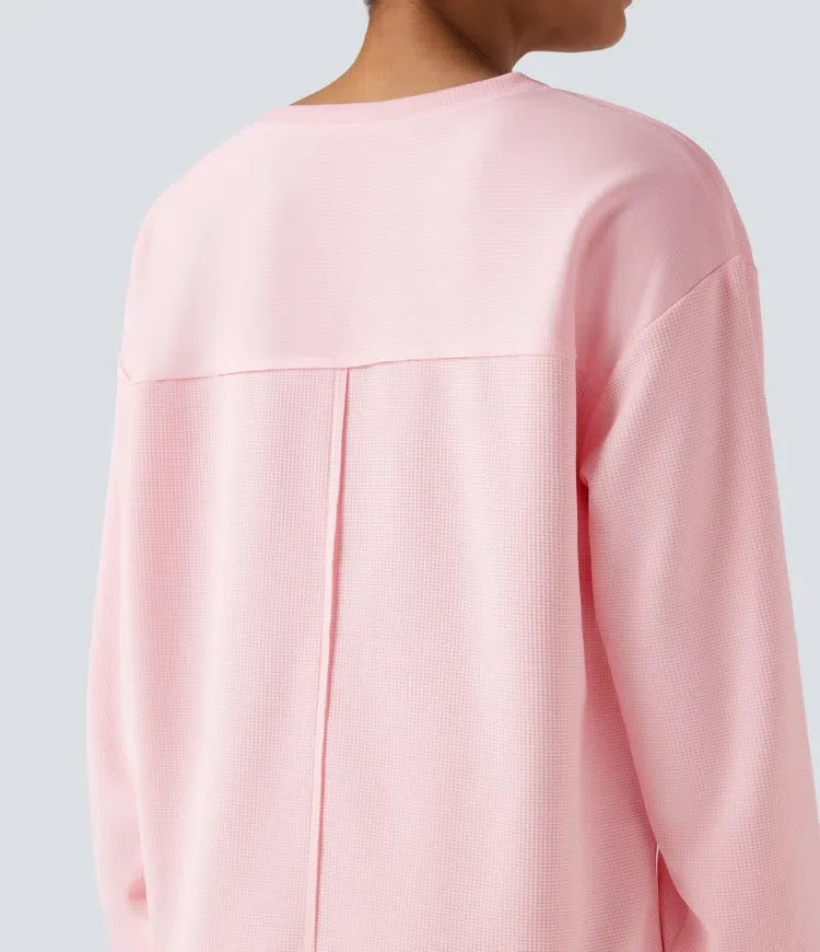 Round Neck Long Sleeve Split Hem Waffle Oversized Casual Sweatshirt with Pockets