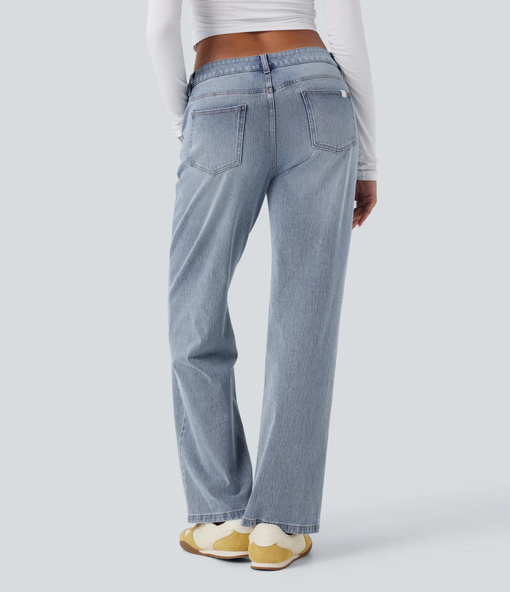 Halara Flex Asymmetric Low Rise Straight Leg Casual Jeans with Pockets