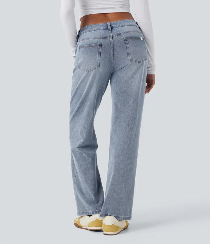 Halara Flex Asymmetric Low Rise Straight Leg Casual Jeans with Pockets
