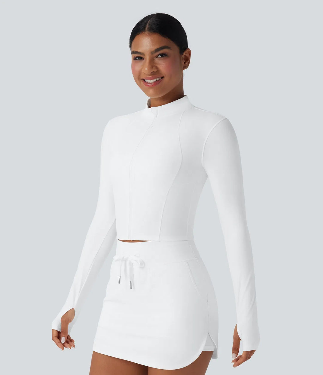 SoftlyZero Plush Stand Collar Zip Thumb Holes Cropped Golf Jacket