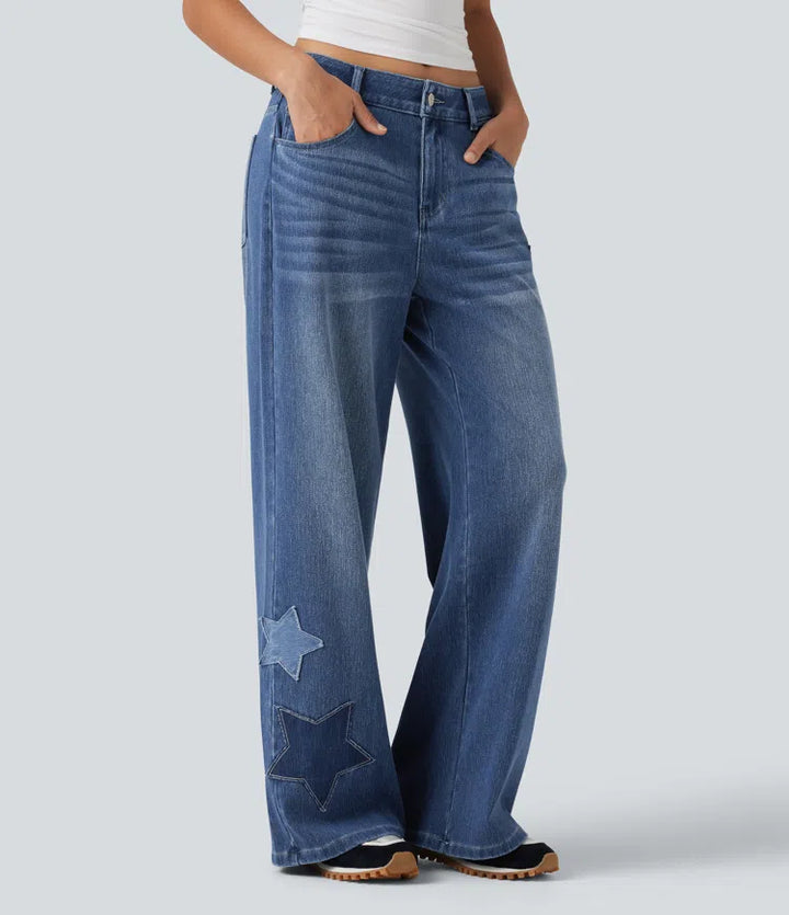 Halara Flex High Waisted Baggy Embroidery Casual Jeans with Pockets