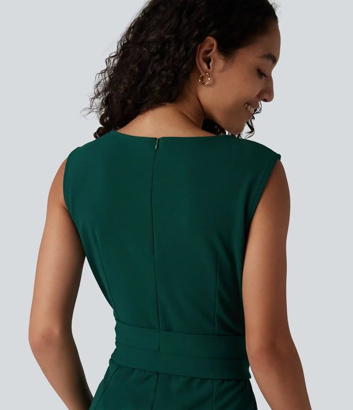 Wrinkle Recovery Boat Neck Sleeveless Tie-side Work Jumpsuit with Pockets-Easy Peezy