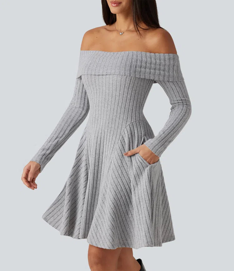 Ribbed Knit Off Shoulder Long Sleeve Built-in Bra Mini Casual Dress with Pockets