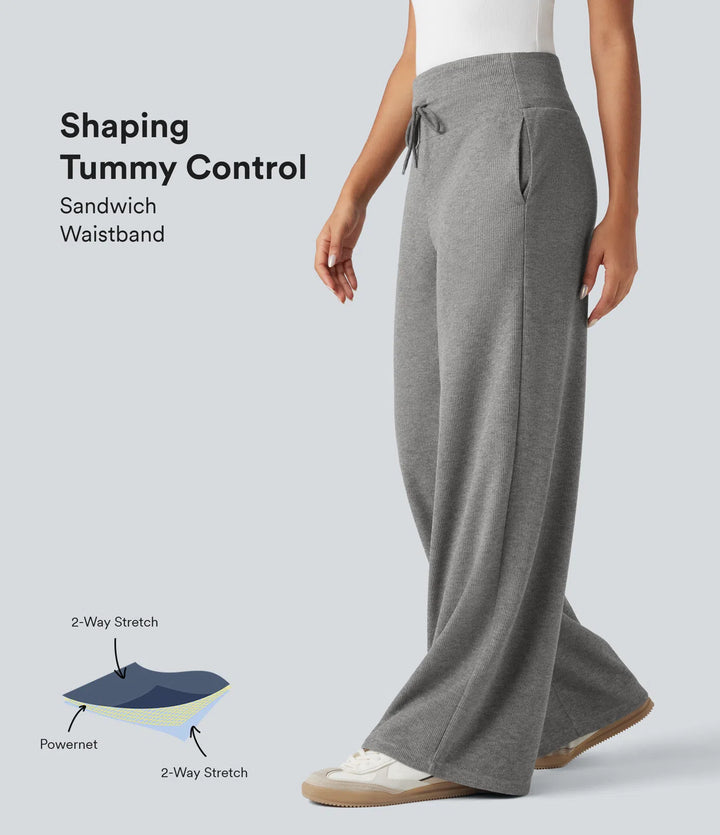 Ribbed Knit High Waisted Tummy Control Drawstring Casual Wide Leg Trousers with Pockets