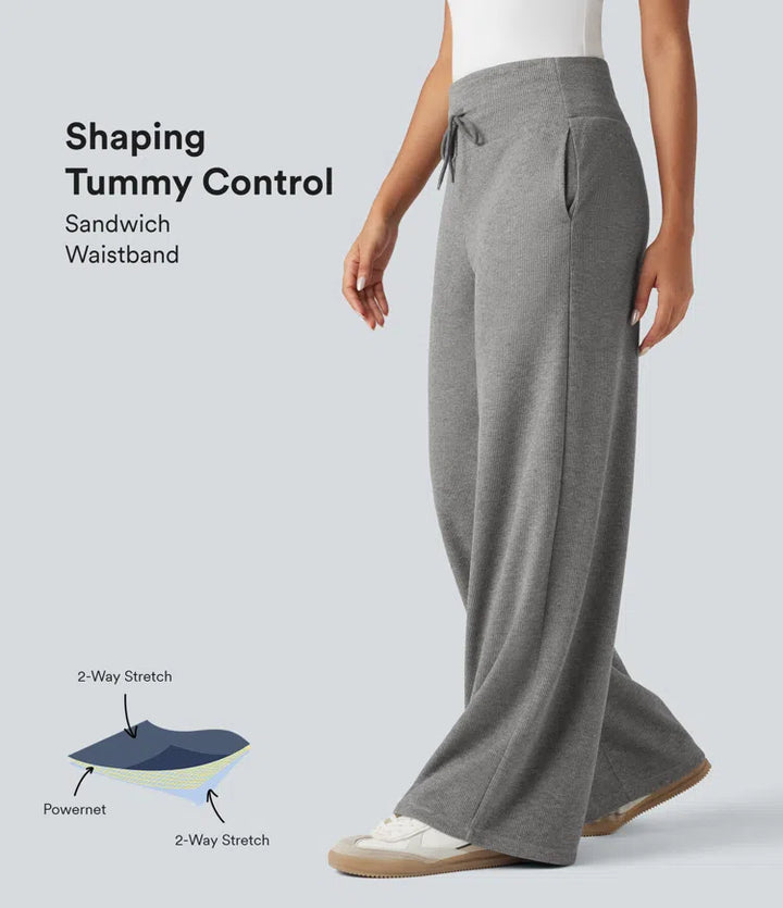 Ribbed Knit High Waisted Tummy Control Drawstring Casual Wide Leg Trousers with Pockets