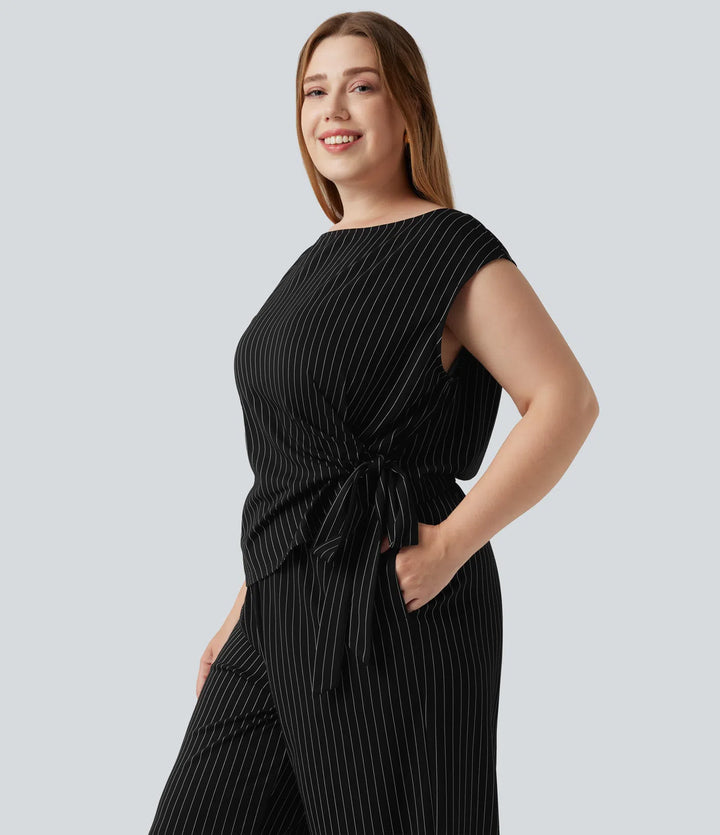Plus Size Boat Neck Sleeveless Tie Side Cool Touch Stripe Work Jumpsuit with Pockets-Easy Peezy Edition