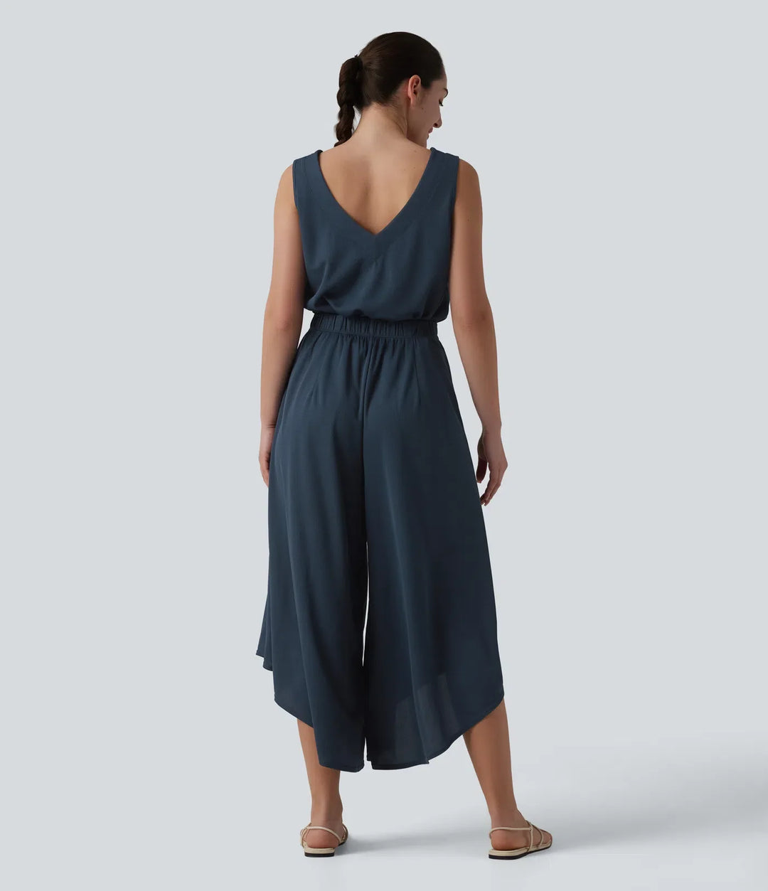 V Neck Flowy Waffle Casual Jumpsuit with Pockets-Easy Peezy Edition