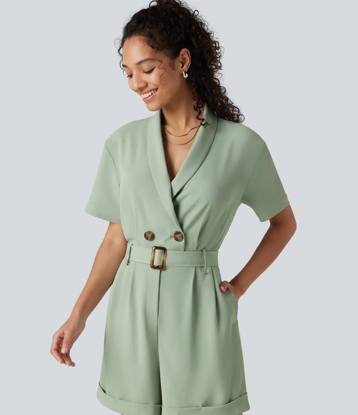 Shawl Collar Short Sleeve Belted Work Romper with Pockets