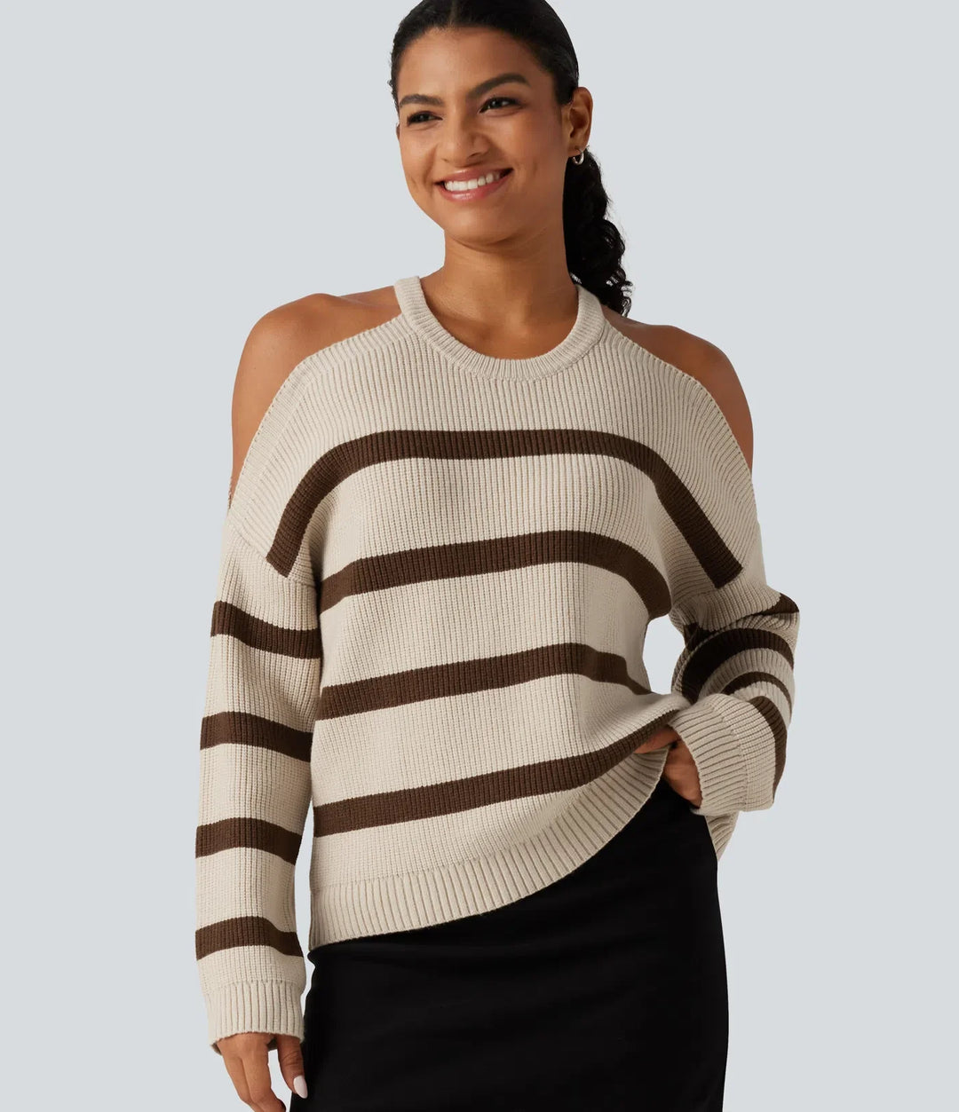 Round Neck Cold Shoulder Long Sleeve Stripe Work Jumper