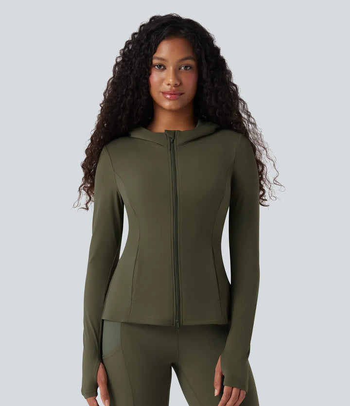 SoftlyZero Hooded Long Sleeve Thumb Hole Pleated Jacket with Pockets