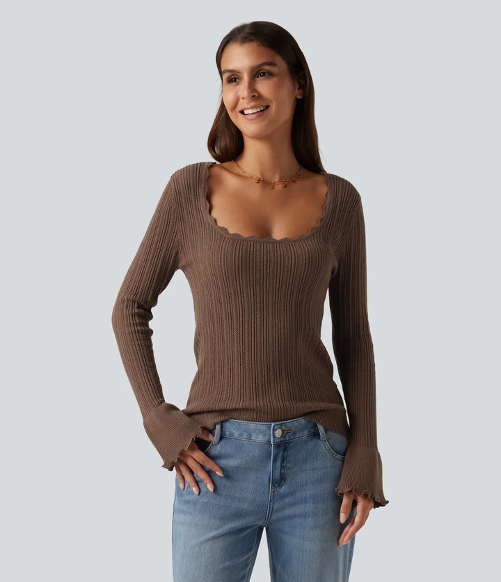 Square Neck Long Sleeve Casual Jumper