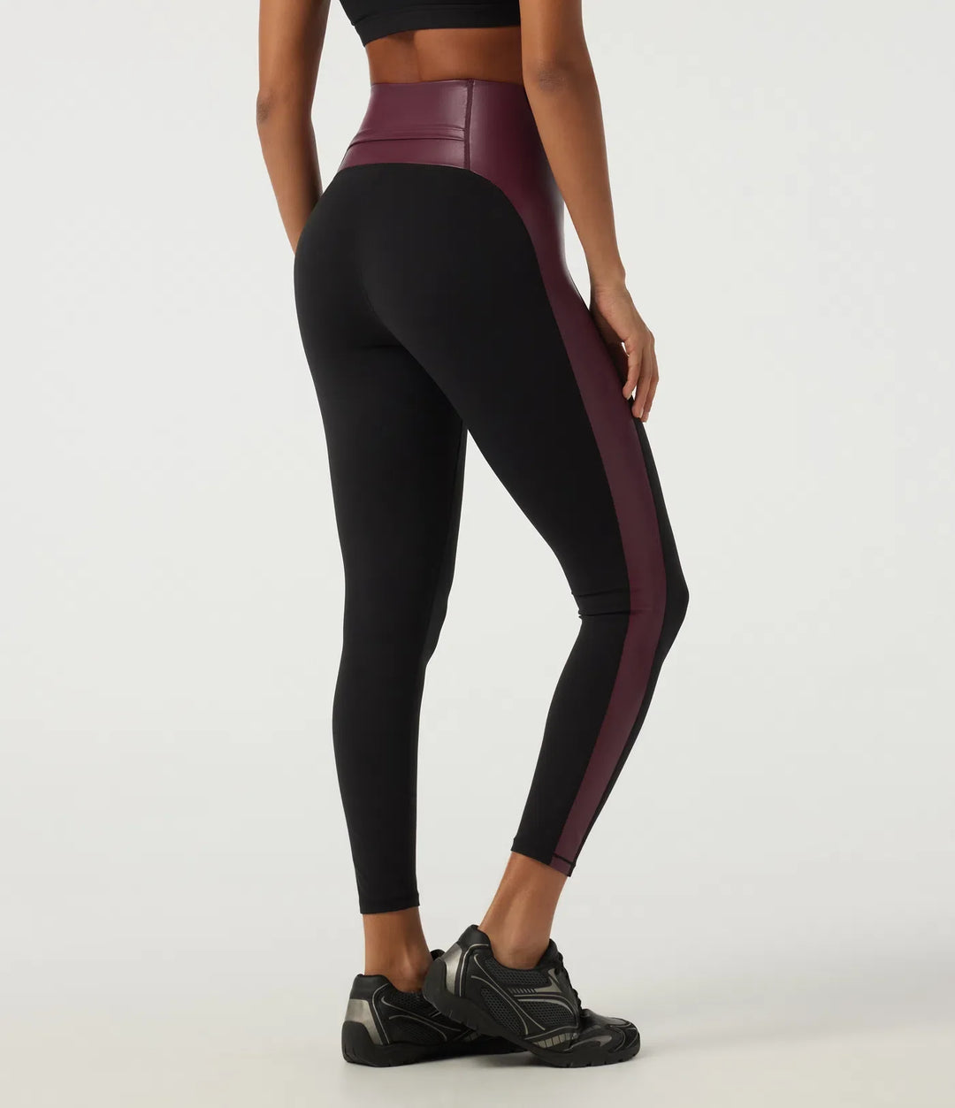 High Waisted Tummy Control Color Block Stretchy PU Yoga Leggings with Pocket