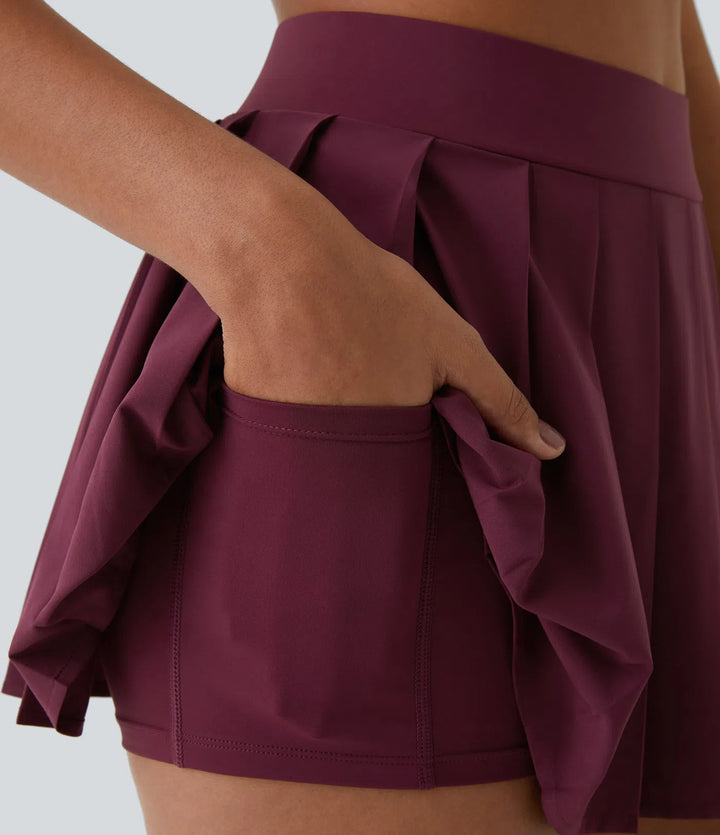 Breezeful High Waisted Pleated 2-in-1 Side &amp; Pocket Asymmetric Hem Quick Dry Mini Dance Skirt