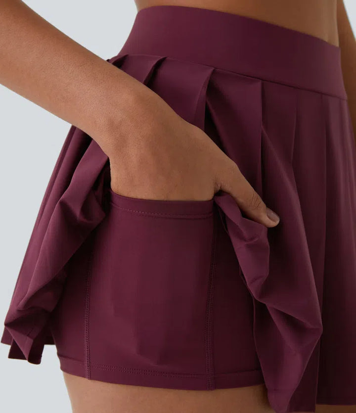 Breezeful High Waisted Pleated 2-in-1 Side &amp; Pocket Asymmetric Hem Quick Dry Mini Dance Skirt