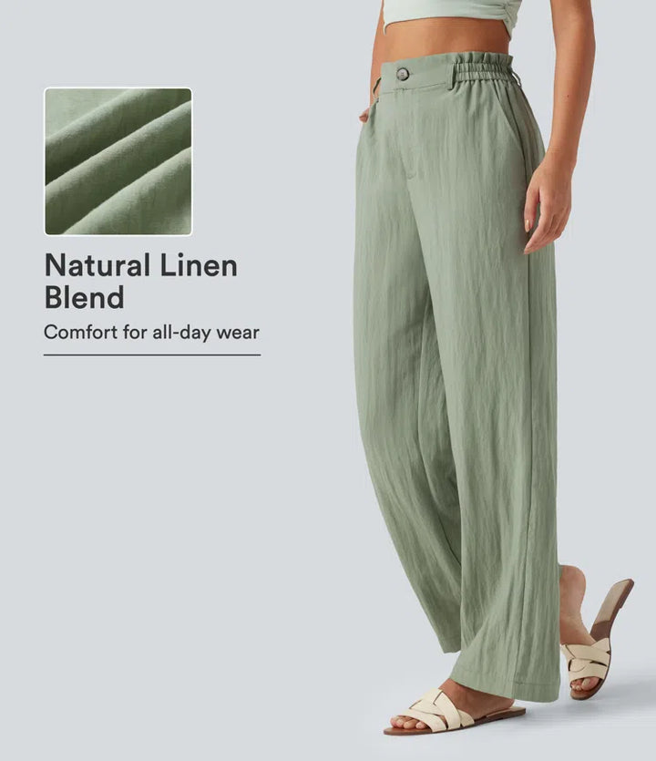 High Waisted Wide Leg Casual Linen-Blend Trousers with Pockets