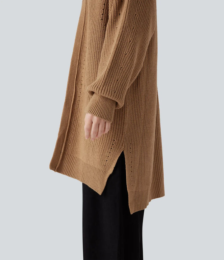 Bishop Long Sleeve Split Hem Hollow Out Casual Longline Cardigan