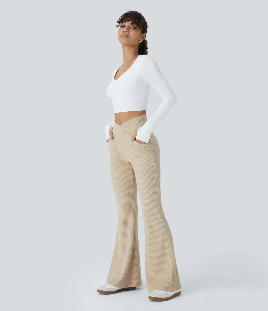Ribbed Knit Crossover High Waisted Pocket Casual Flare Trousers