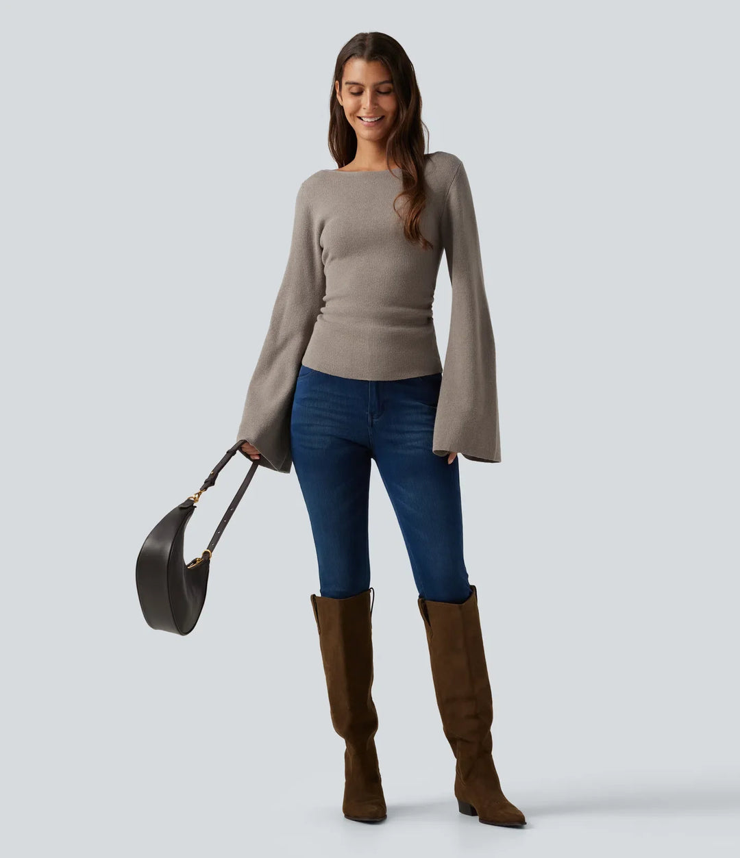 Boat Neck Flounce Long Sleeve Casual Jumper