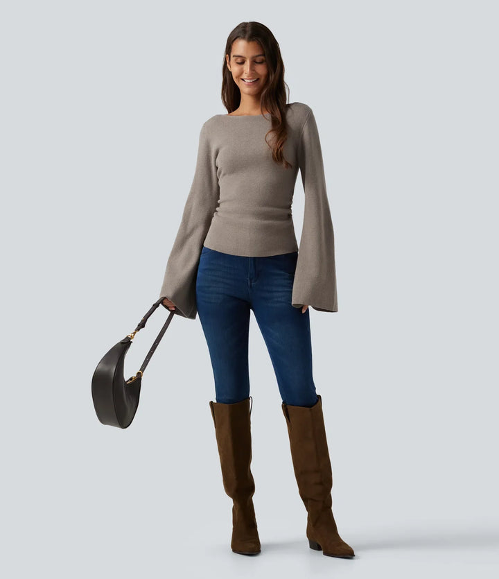 Boat Neck Flounce Long Sleeve Casual Jumper