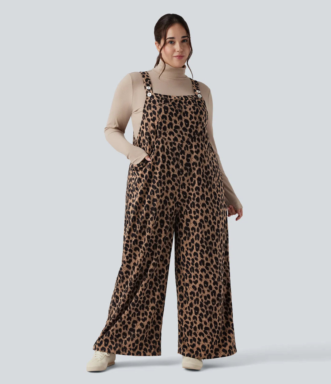 Leopard Print Waffle Casual Plus Size Dungarees with Pockets