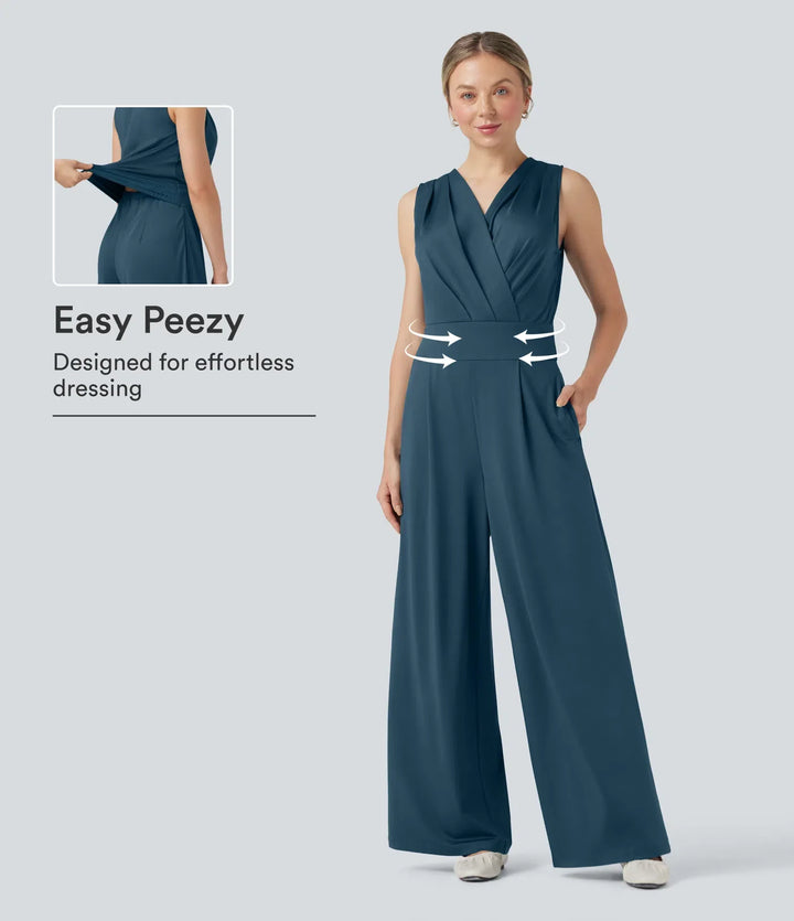 V-neck Sleeveless Pleated Crossover Tummy Control Casual Jumpsuit with Pockets-Easy Peezy
