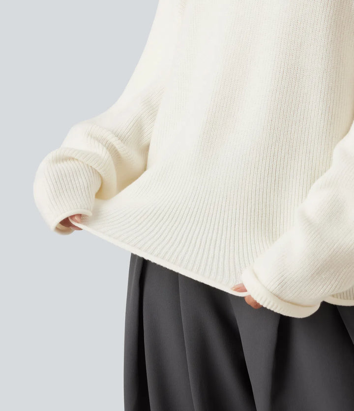 Round Neck Long Sleeve Rolled Hem Work Jumper